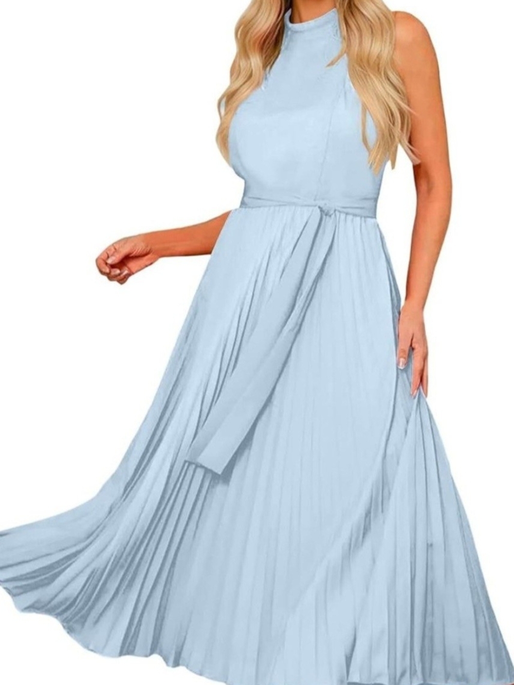 Sleeveless Light Blue Pleated Maxi Dress with Waist Tie